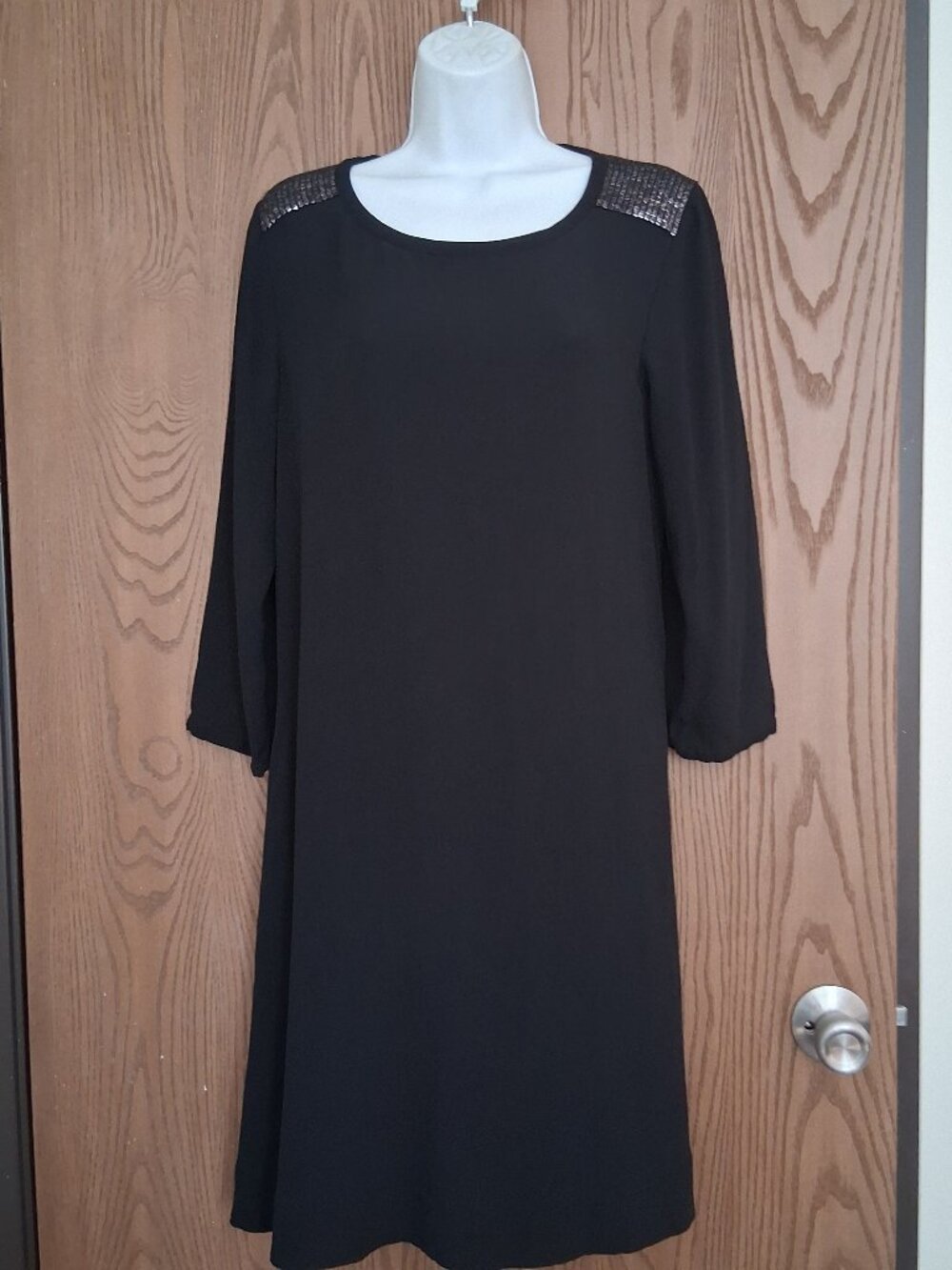 Eilleen Fisher 100% Silk Black Tunic Dress SP Beaded Shoulders Keyhole Back